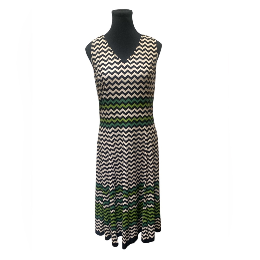 Julian Taylor Black and Green Chevron Midi Dress GUC 14